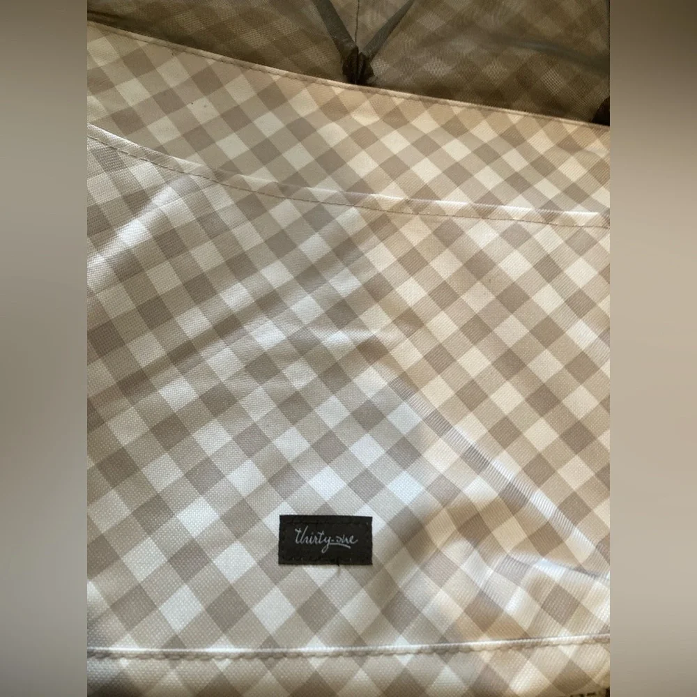 Thirty-One hang it up hanging organizer over door pocket taupe brown white check